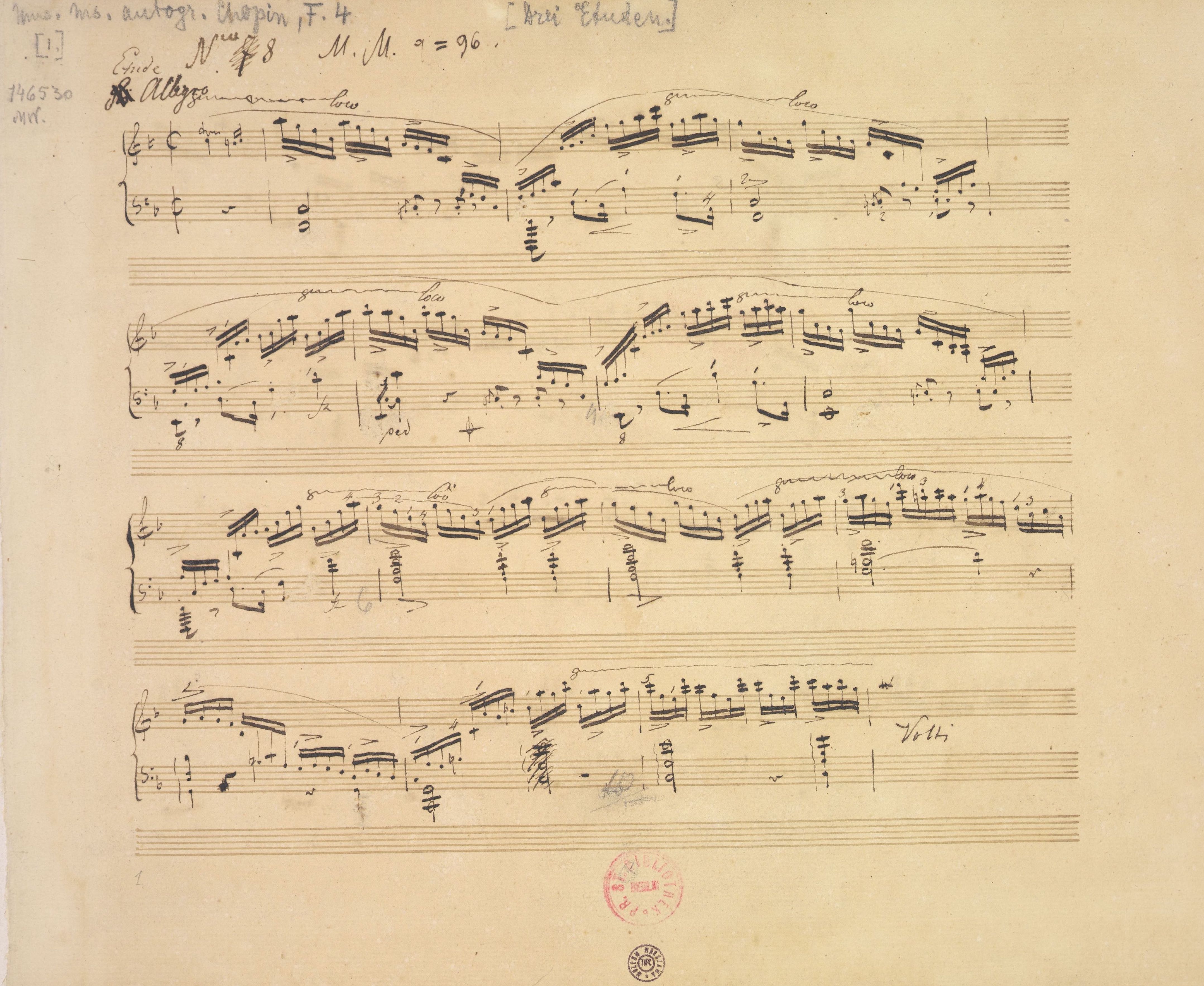 ショパン自筆譜（製版用）「エチュード ヘ長調 作品10−8」1833年以前　NIFC