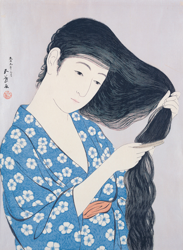 《髪梳ける女》 1920年　木版、紙　鹿児島市立美術館