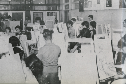 河北が参加した第4回夏季洋画講習会（1964年8月26日～29日）会場風景 出典：石橋美術館 館報No.9(1965年) ※石本秀雄（佐賀大教授）、内野秀美、川原貫一、鶴甫が講師をつとめた